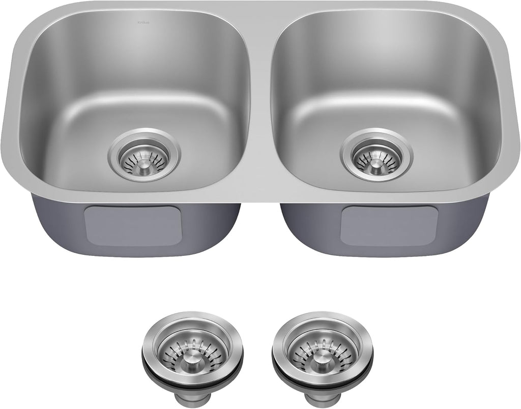 Premier 32-Inch Undermount 50/50 Double Bowl 18-Gauge Stainless Steel Kitchen Sink with Strainers (X2), KBU22