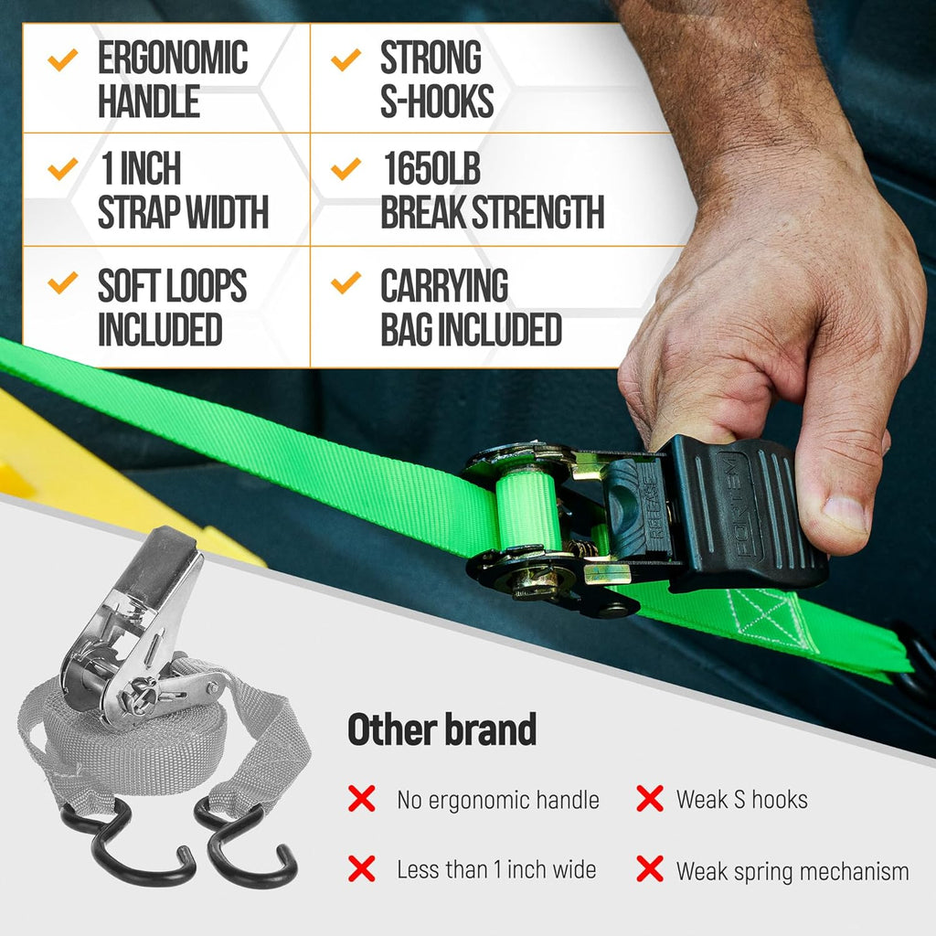 Ratchet Straps, Tie down Strap Set 1650Lb Break Strength, 4 Pack 15Ft X 1In, 4 Soft Loops, Moving Straps Tie Downs, Cargo Cam Buckles for Trucks, Rubber Handles, Carry Bag