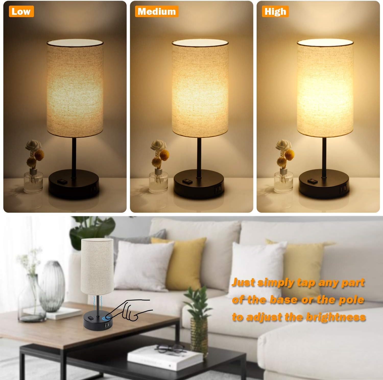 Set of 2 Touch Control 3-Way Dimmable Table Lamp with 2 USB Ports Modern Nightstand Lamp with AC Outlet Bedside Lamps with Fabric Shade Desk Lamp for Living Room Bedroom Hotel, Cream, Bulbs Included