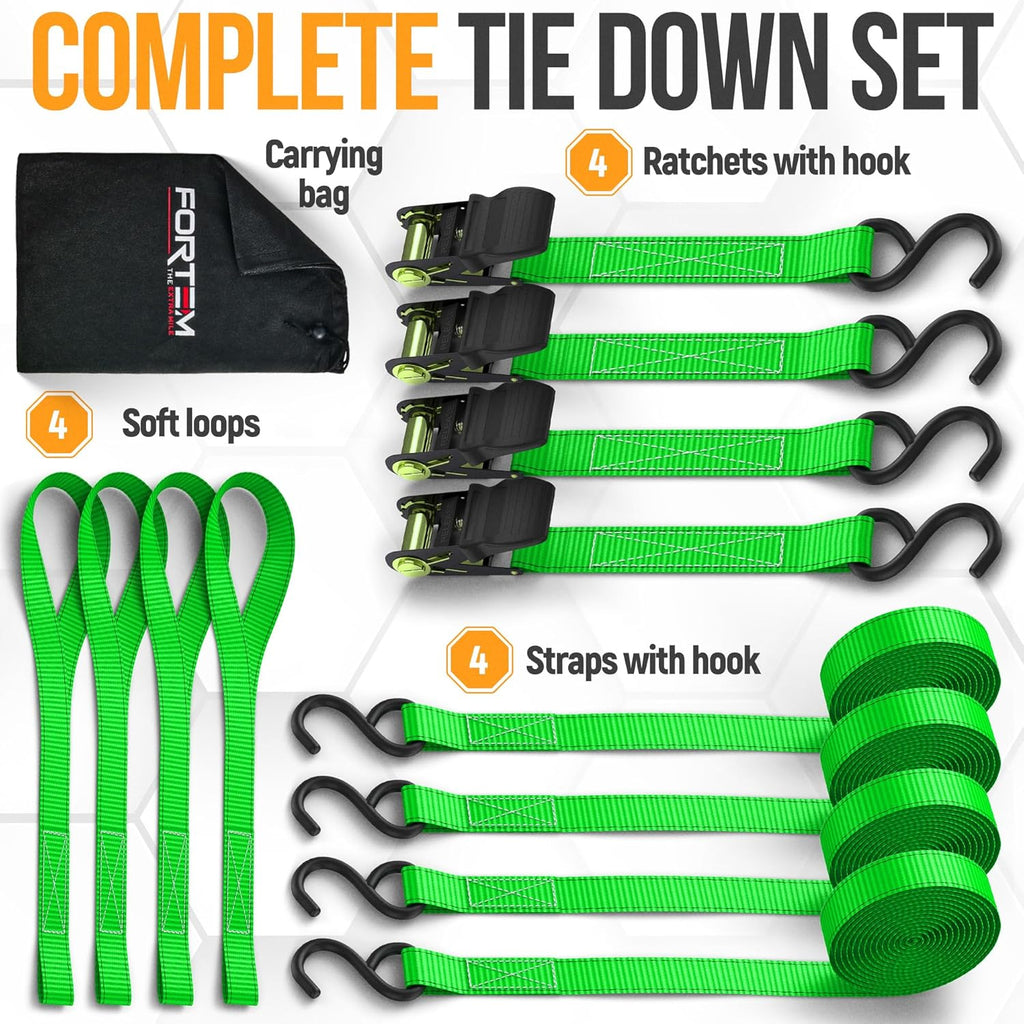 Ratchet Straps, Tie down Strap Set 1650Lb Break Strength, 4 Pack 15Ft X 1In, 4 Soft Loops, Moving Straps Tie Downs, Cargo Cam Buckles for Trucks, Rubber Handles, Carry Bag