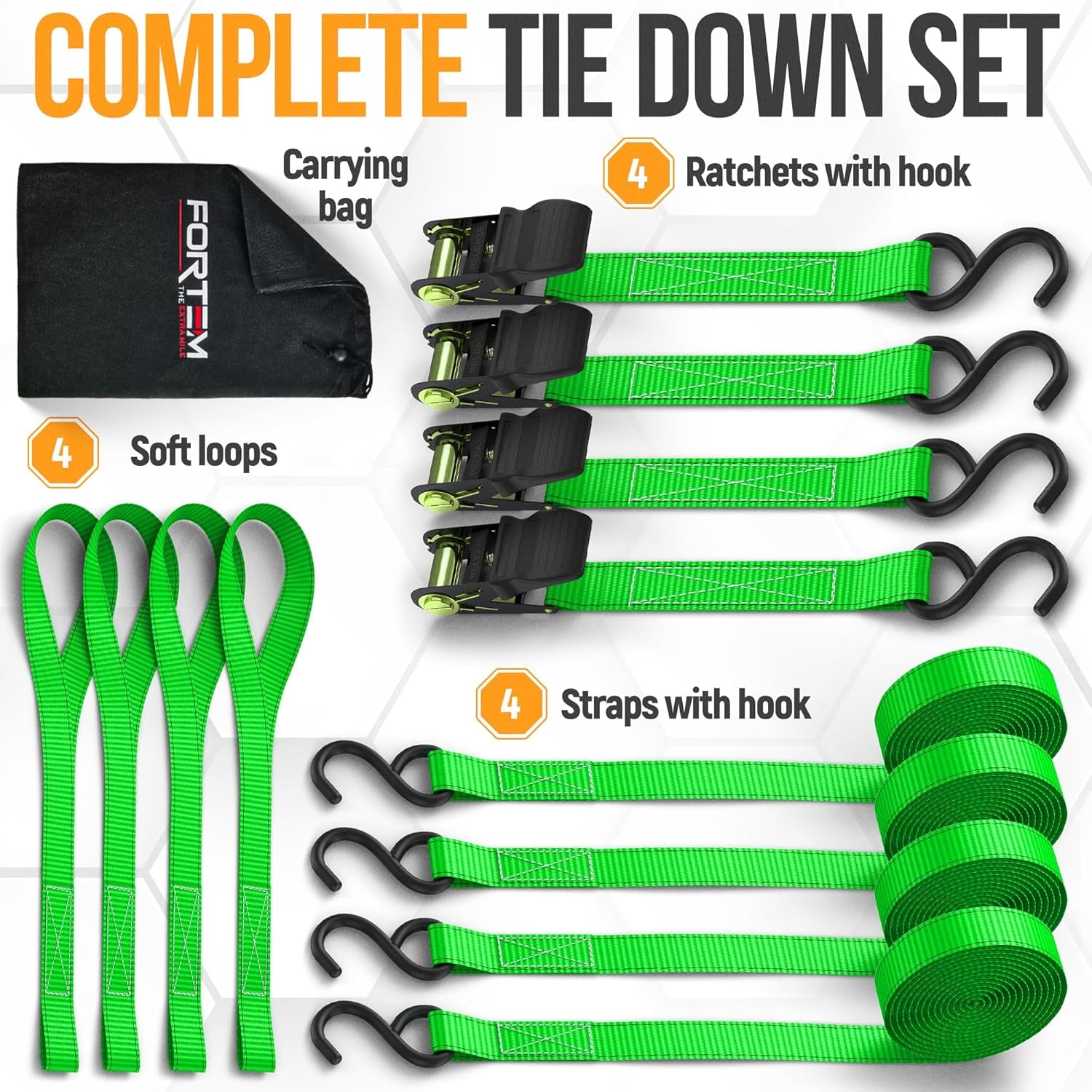 Ratchet Straps, Tie down Strap Set 1650Lb Break Strength, 4 Pack 15Ft X 1In, 4 Soft Loops, Moving Straps Tie Downs, Cargo Cam Buckles for Trucks, Rubber Handles, Carry Bag