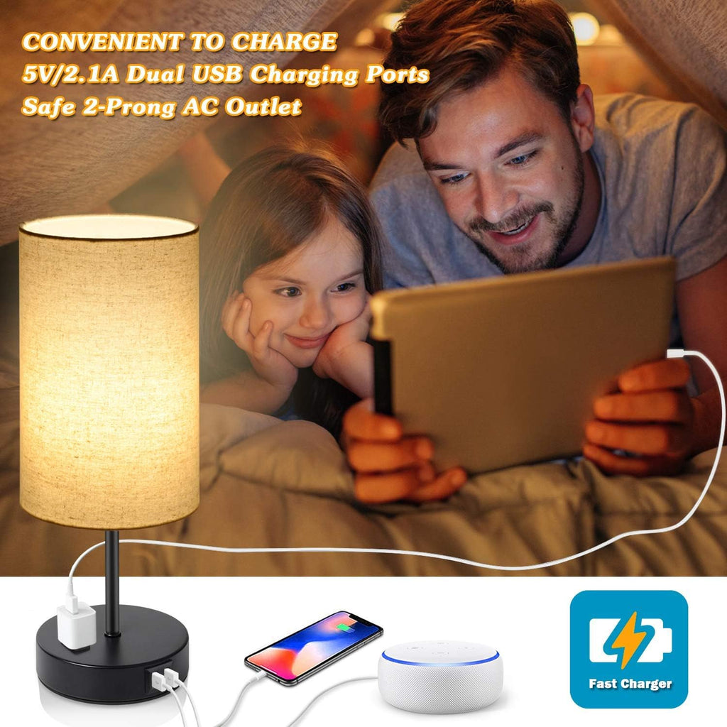 Set of 2 Touch Control 3-Way Dimmable Table Lamp with 2 USB Ports Modern Nightstand Lamp with AC Outlet Bedside Lamps with Fabric Shade Desk Lamp for Living Room Bedroom Hotel, Cream, Bulbs Included