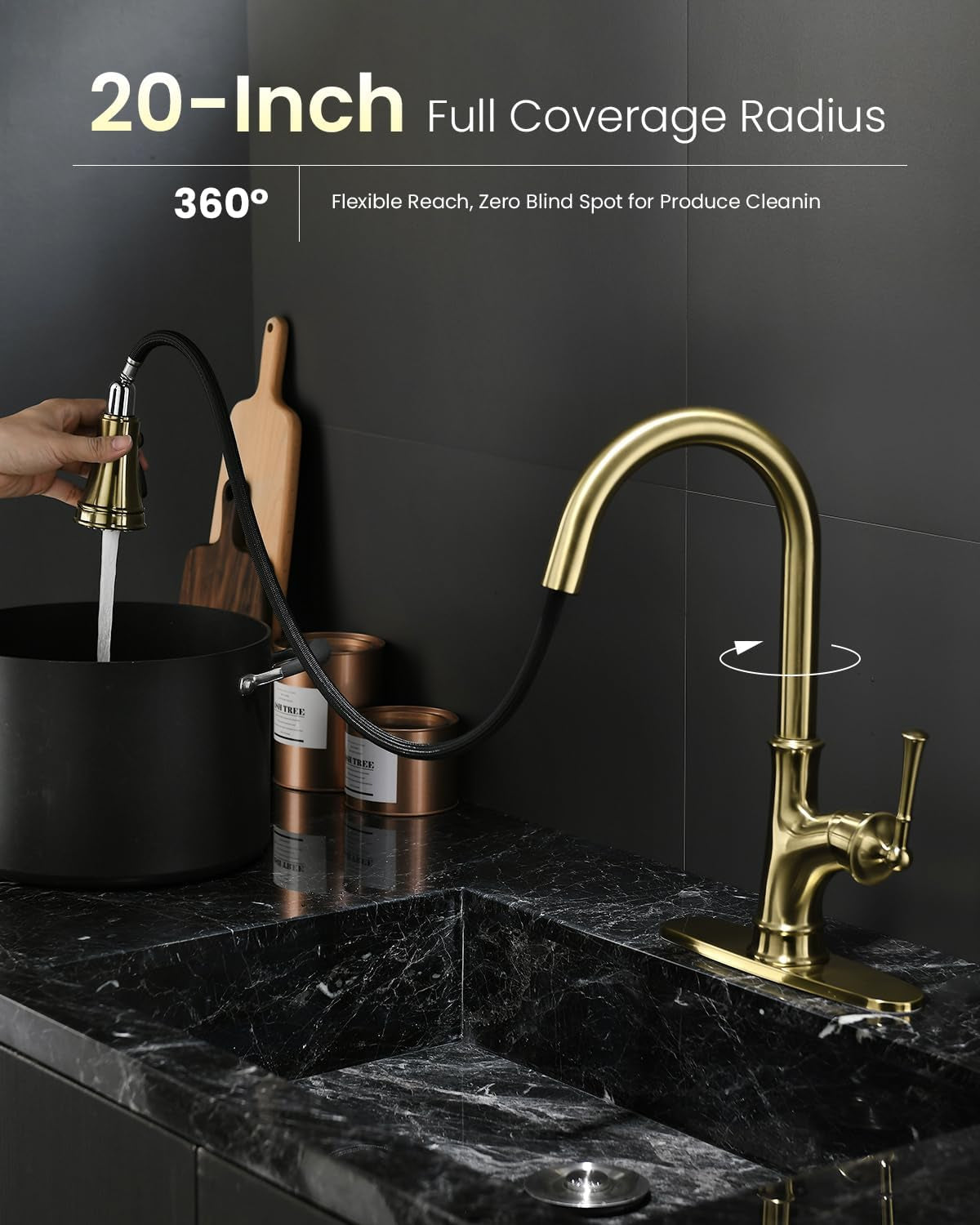 Gold Kitchen Faucet with Pull down Sprayer, Antique Single Handle 1 Hole High Arc Pull Out Kitchen Sink Faucets