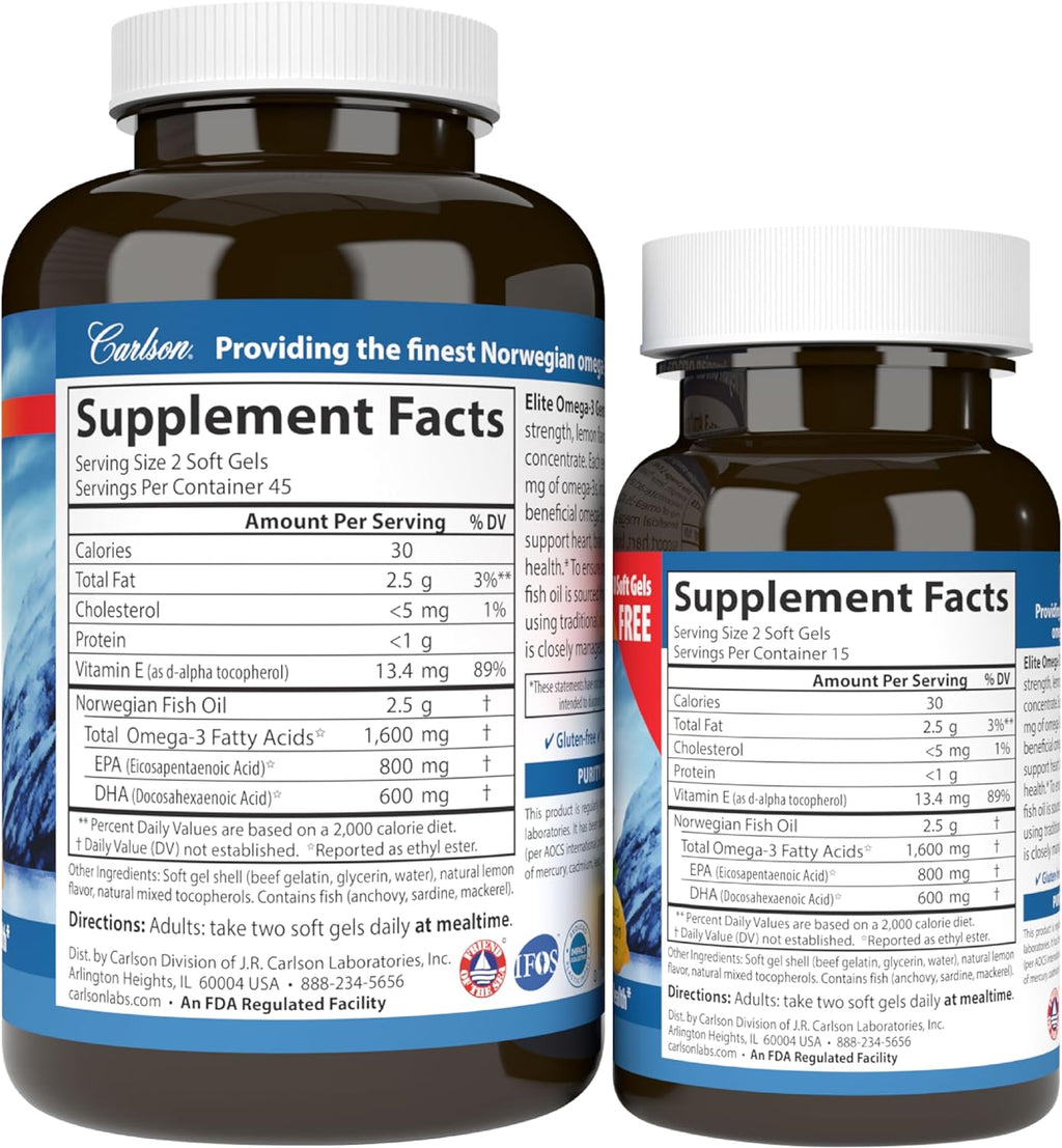 Labs Elite Omega-3, 1600 Mg, Gems Fish Oil Soft Gels, Natural Lemon Flavor, 2 Pack (120 Count Each)