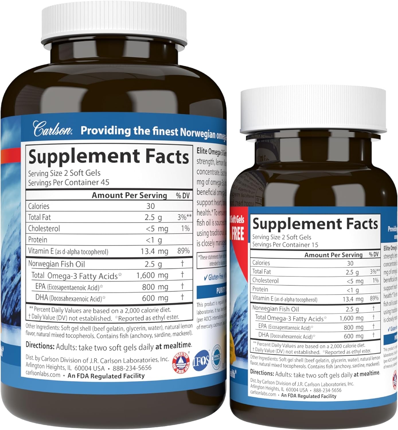 Labs Elite Omega-3, 1600 Mg, Gems Fish Oil Soft Gels, Natural Lemon Flavor, 2 Pack (120 Count Each)