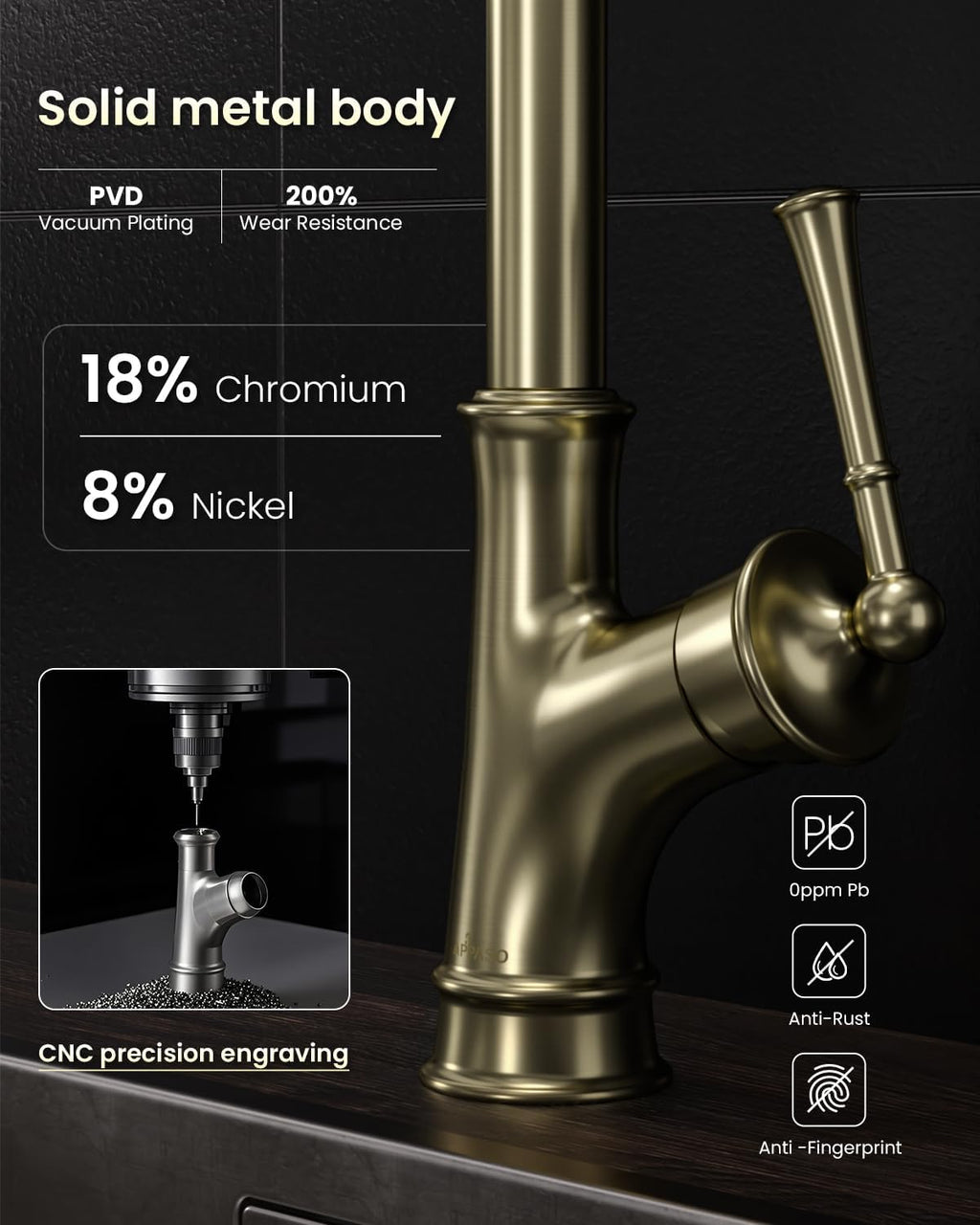 Gold Kitchen Faucet with Pull down Sprayer, Antique Single Handle 1 Hole High Arc Pull Out Kitchen Sink Faucets