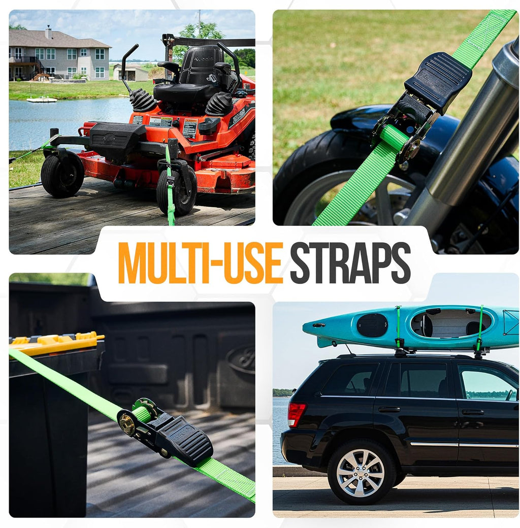 Ratchet Straps, Tie down Strap Set 1650Lb Break Strength, 4 Pack 15Ft X 1In, 4 Soft Loops, Moving Straps Tie Downs, Cargo Cam Buckles for Trucks, Rubber Handles, Carry Bag