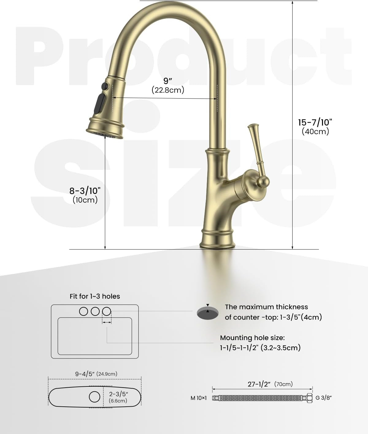 Gold Kitchen Faucet with Pull down Sprayer, Antique Single Handle 1 Hole High Arc Pull Out Kitchen Sink Faucets