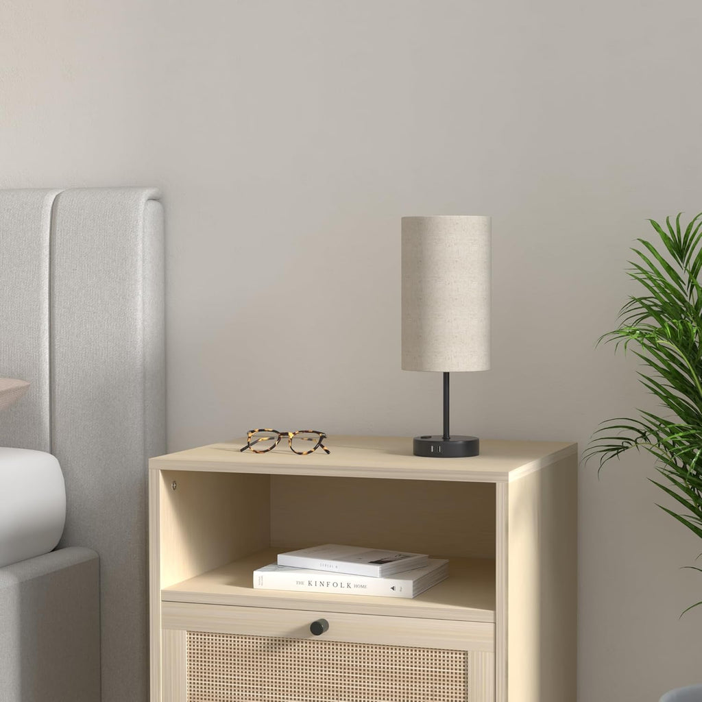 Set of 2 Touch Control 3-Way Dimmable Table Lamp with 2 USB Ports Modern Nightstand Lamp with AC Outlet Bedside Lamps with Fabric Shade Desk Lamp for Living Room Bedroom Hotel, Cream, Bulbs Included