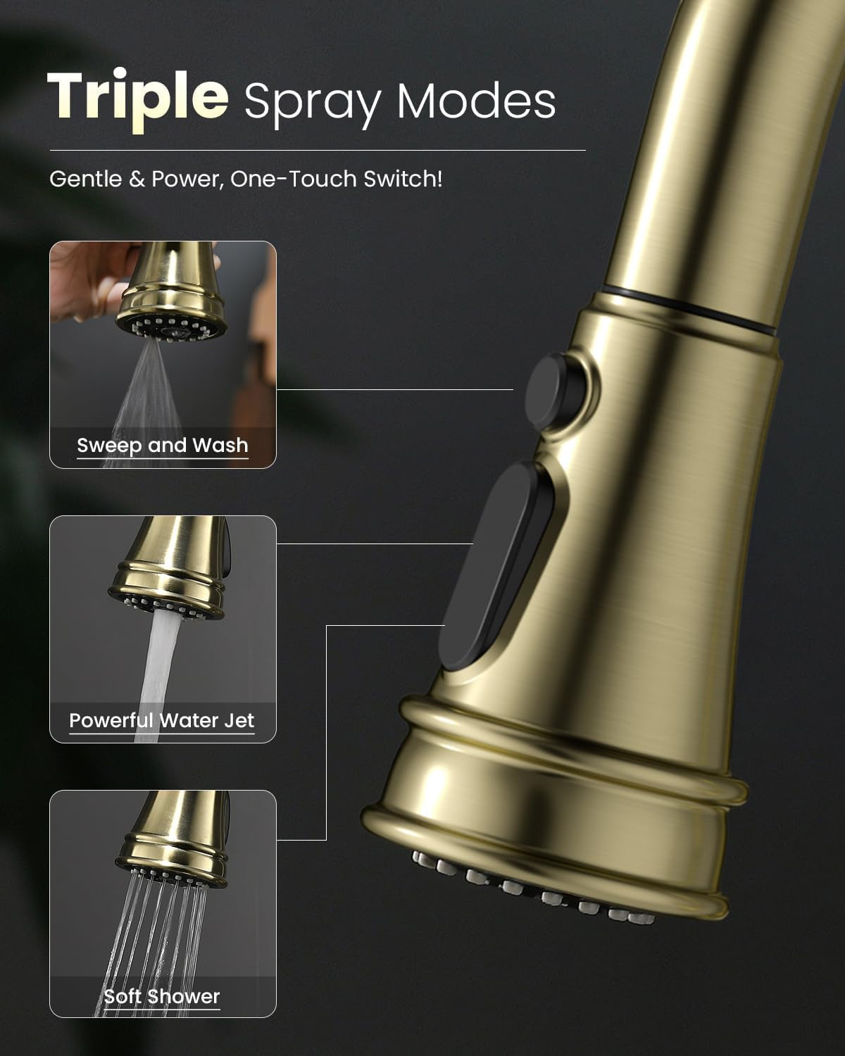 Gold Kitchen Faucet with Pull down Sprayer, Antique Single Handle 1 Hole High Arc Pull Out Kitchen Sink Faucets