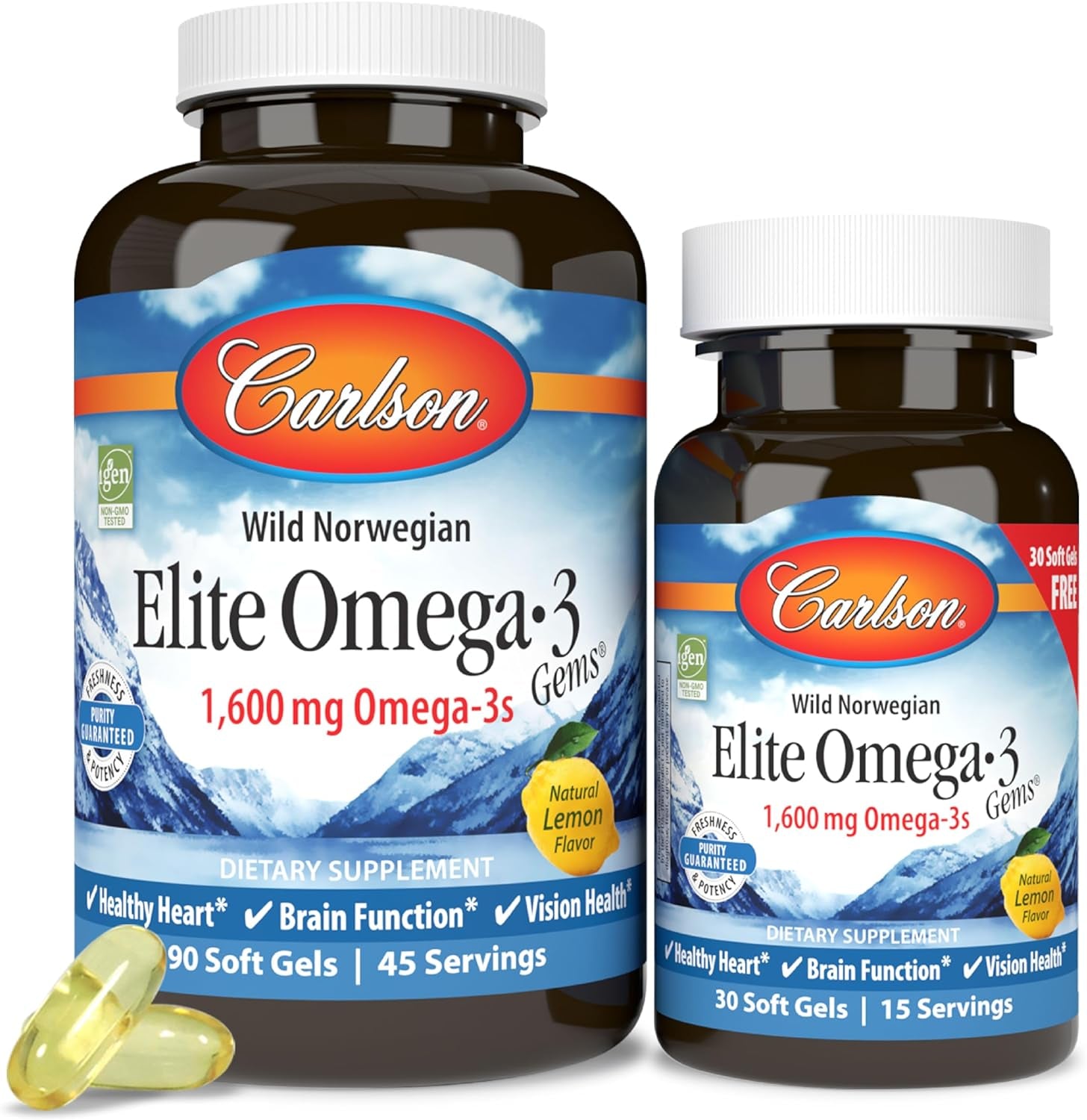 Labs Elite Omega-3, 1600 Mg, Gems Fish Oil Soft Gels, Natural Lemon Flavor, 2 Pack (120 Count Each)
