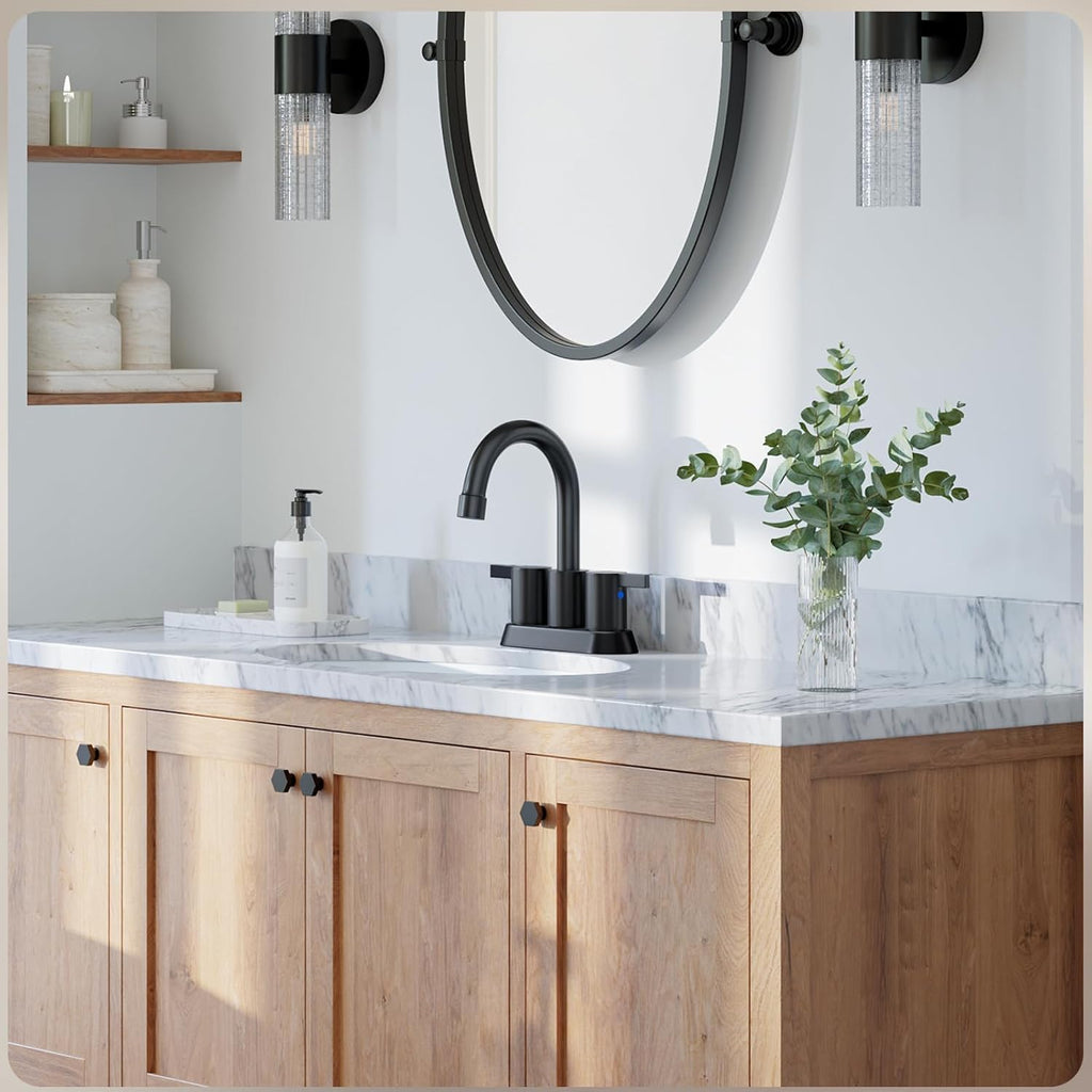 4 Inch 2 Handle Centerset Matte Black Lead-Free Modern Bathroom Faucet, 360 Swivel Spout 2-3 Hole RV Bathroom Vanity Sink Faucet with Pop up Drain and Water Supply Lines,Bf015-1-Mb