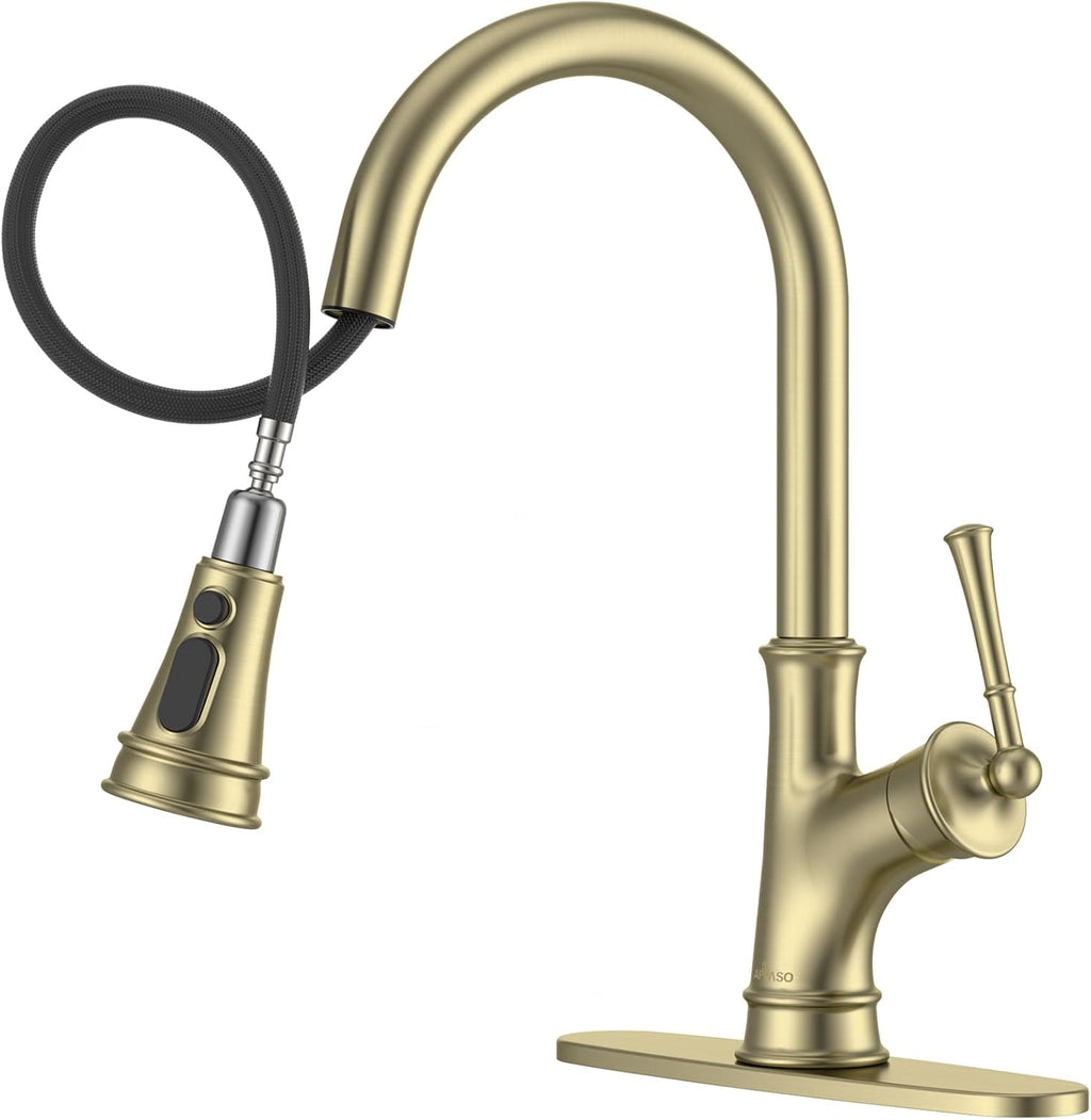 Gold Kitchen Faucet with Pull down Sprayer, Antique Single Handle 1 Hole High Arc Pull Out Kitchen Sink Faucets