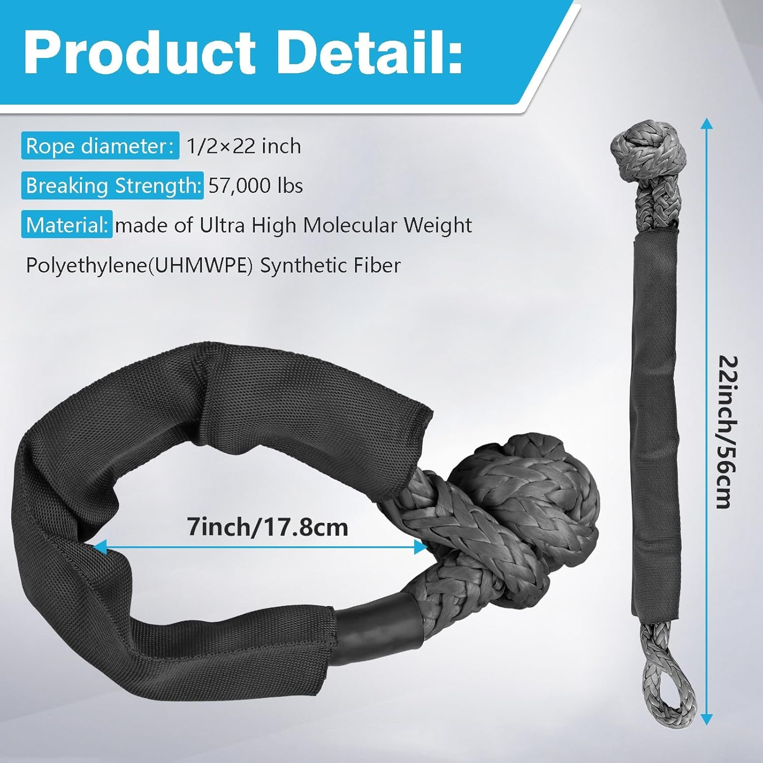 2 Pack Black Soft Shackles 57,000 LBS Breaking Strength 1/2 Inch X 22 Inch with Protective Sleeve for Off-Road Sailing Trucks 4X4 UTV Synthetic Road Recovery Rope Soft Shackle for Recovery