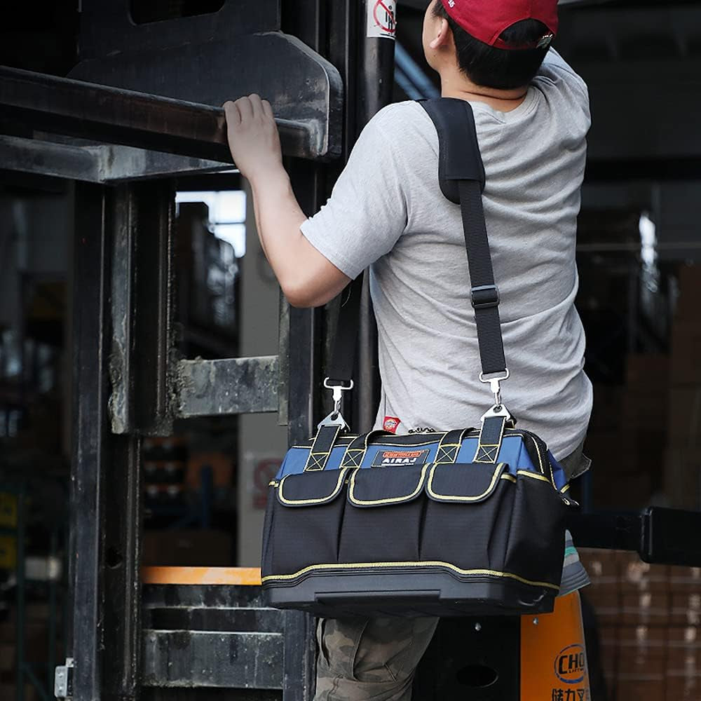 Tool Bag 16 Inch,Wide Mouth Tool Bags for Men Heavy Duty with Waterproof Molded Base,Tools Organizer for Home Repairs,Garage Storage,Professional Work,Adjustable Shoulder Strap,Blue