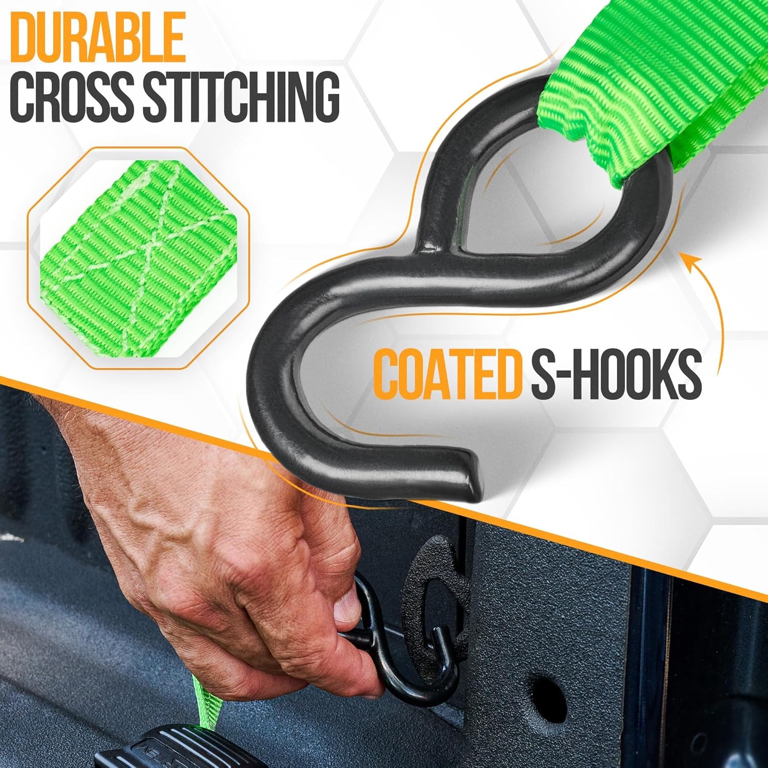 Ratchet Straps, Tie down Strap Set 1650Lb Break Strength, 4 Pack 15Ft X 1In, 4 Soft Loops, Moving Straps Tie Downs, Cargo Cam Buckles for Trucks, Rubber Handles, Carry Bag