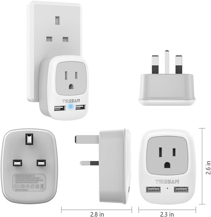 UK Adapters for Travel, Ireland Hong Kong Plug Adapter with 2 USB, Type G Outlet Adaptor Charger for USA to British England Scotland Irish Qatar London