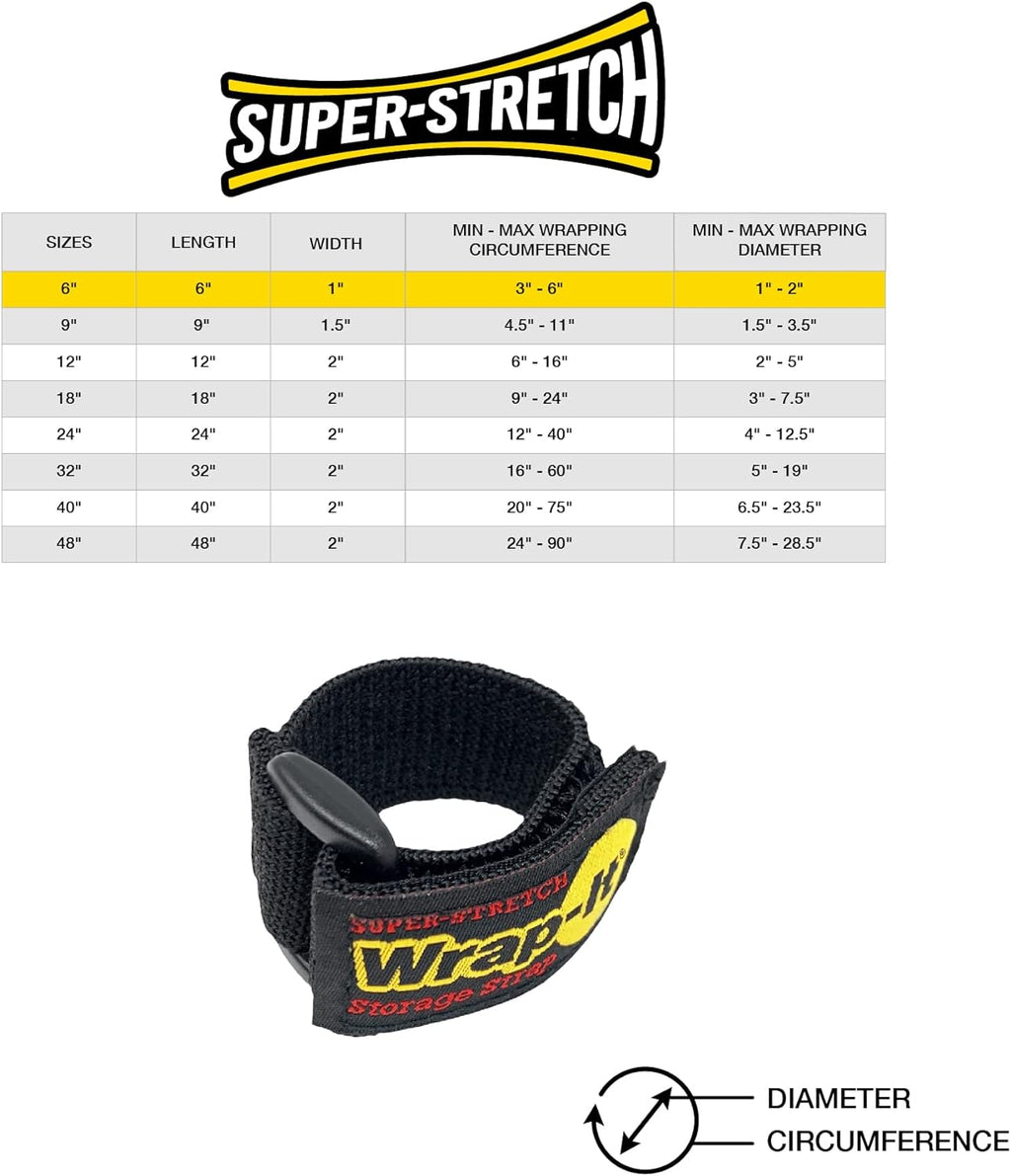 Super-Stretch  Straps, 6" (12 Pack) - Elastic Hook and Loop Cinch Straps - Extension Cord Organizer, Hose Strap, Cable Straps, Tool Strap, Cord Wrap, Cord Keeper and Cable Storage